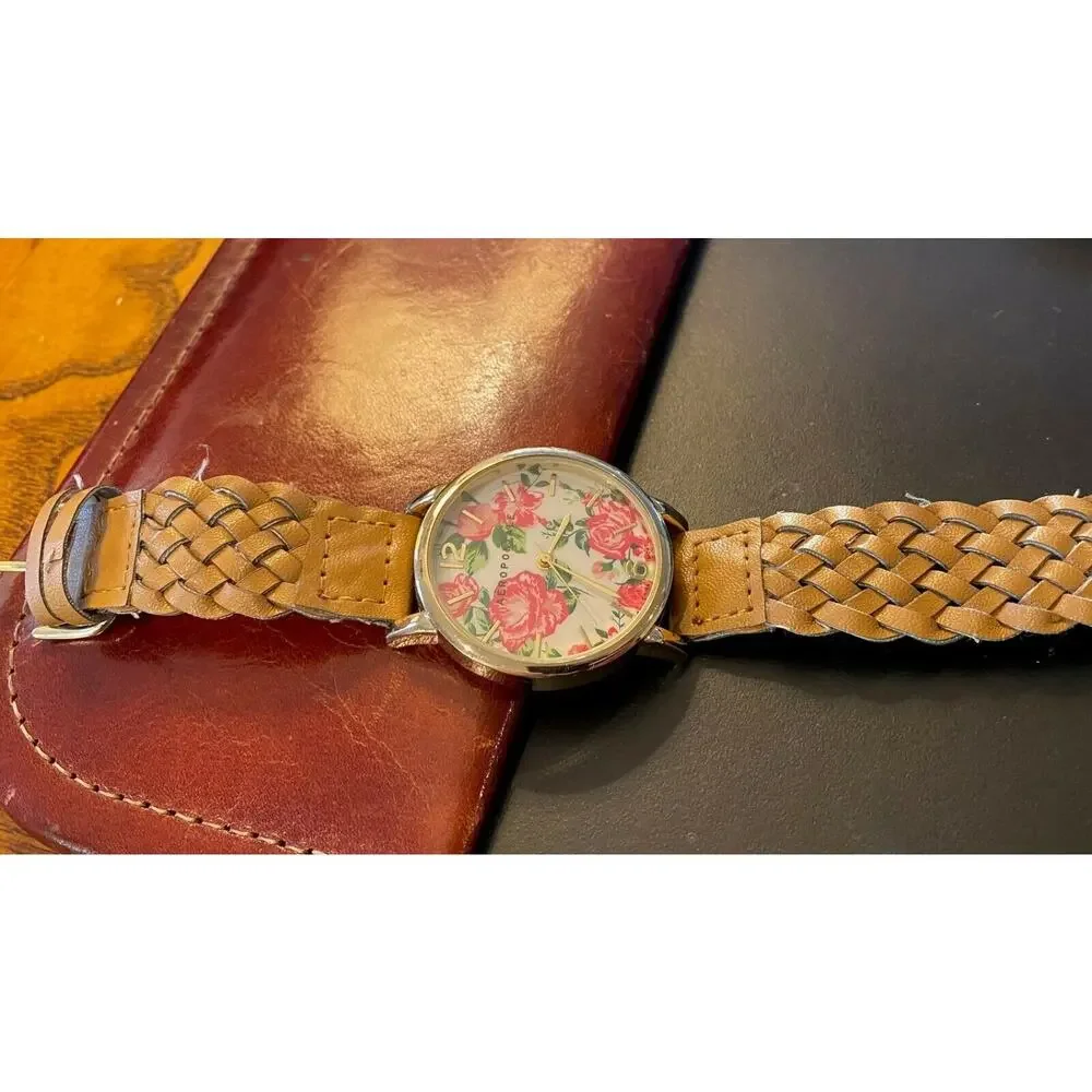 Women's Gold Tone 38mm Aeropostale Watch with Flower Print Face, Braided Leather